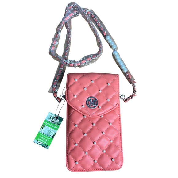 Badgley Mischka Pearl Strap Phone Case Crossbody Diamond Quilting Coral NWT - Picture 1 of 7